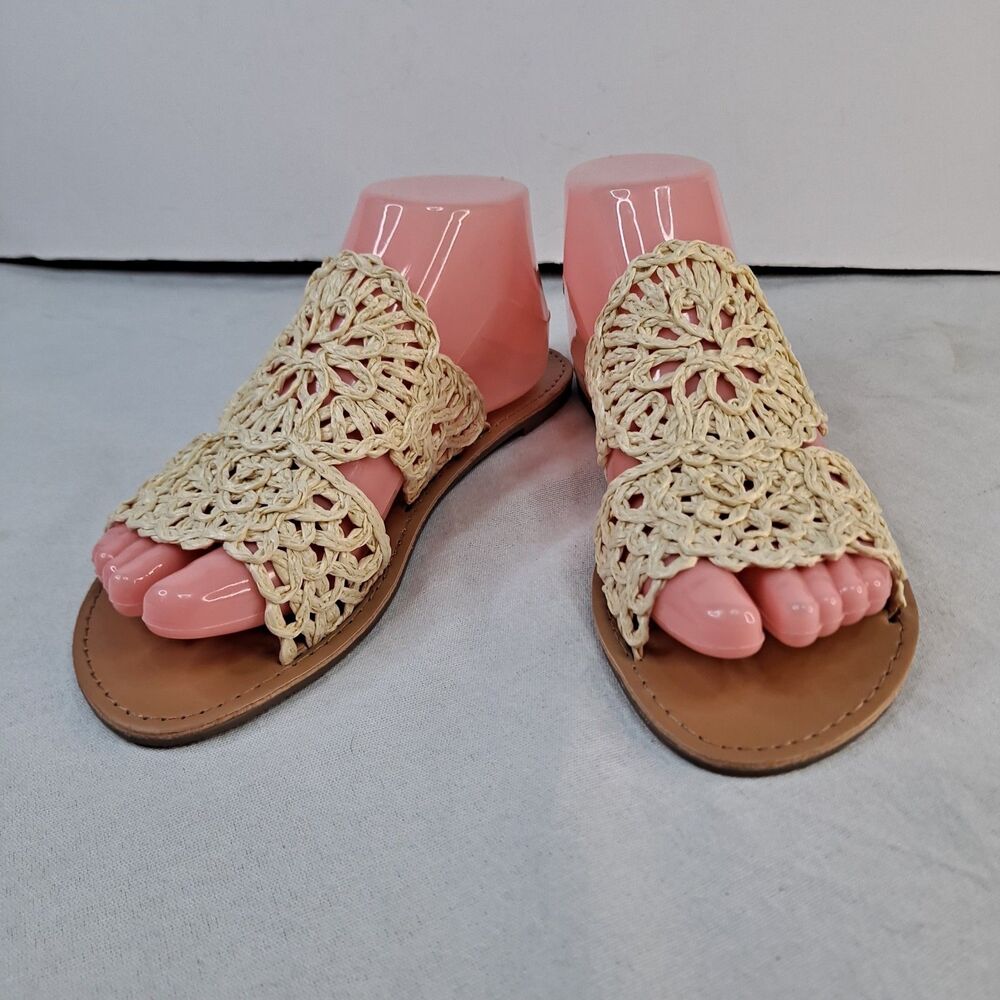 Qupid Crochet Raffia Sandals Womens 8.5 Beige Flats Slides Boho